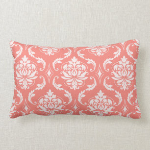 Coral Pink White Classic Damask Pattern Lumbar Pillow