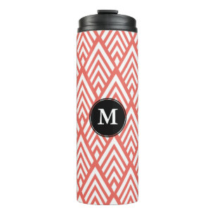 Coral Pink & White Deco Arrows with Initial Thermal Tumbler