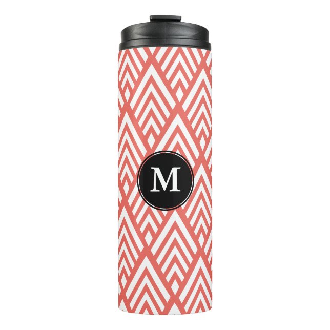 Coral Pink & White Deco Arrows with Initial Thermal Tumbler (Front)