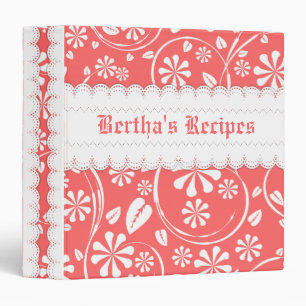 Coral pink, white floral recipe binder