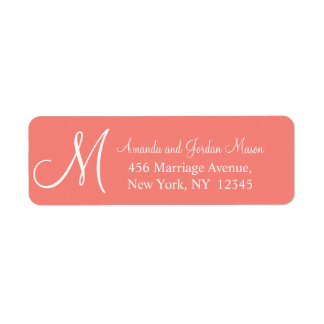 Coral Pink White Monogrammed Wedding Address Label
