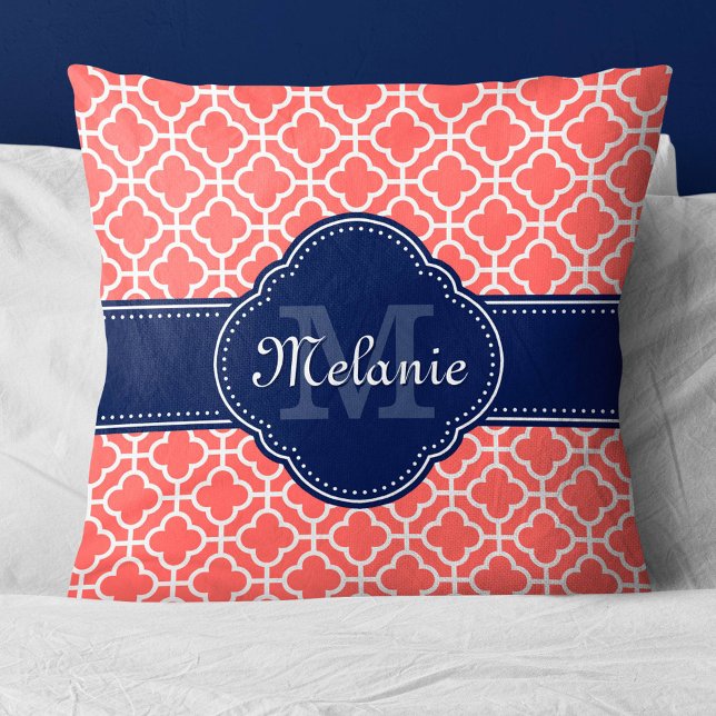 Coral Pink White Moroccan Pattern Navy Monogram Throw Pillow (Creator Uploaded)
