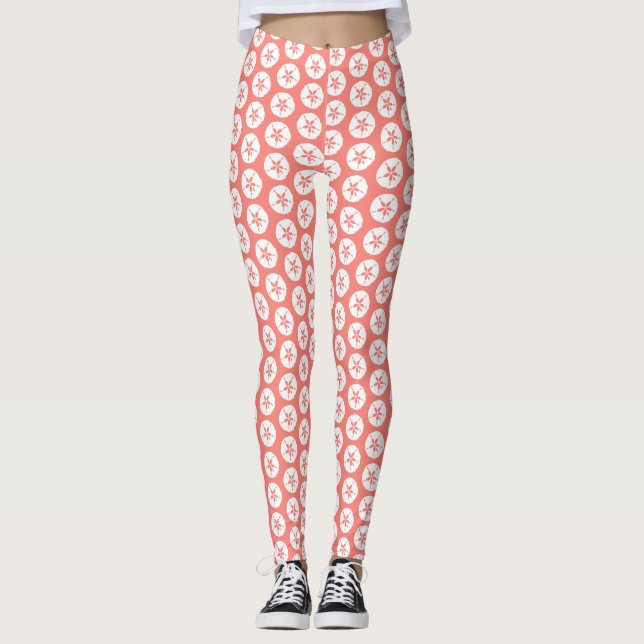 Coral Pink White Sand Dollar Summer Beach Printed Leggings (Front)