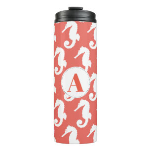 Coral Pink & White Seahorses with Initial Thermal Tumbler