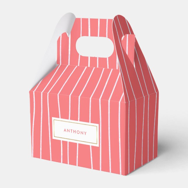 Coral Pink White Stripe Pattern Wedding Favour Box (Front Side)