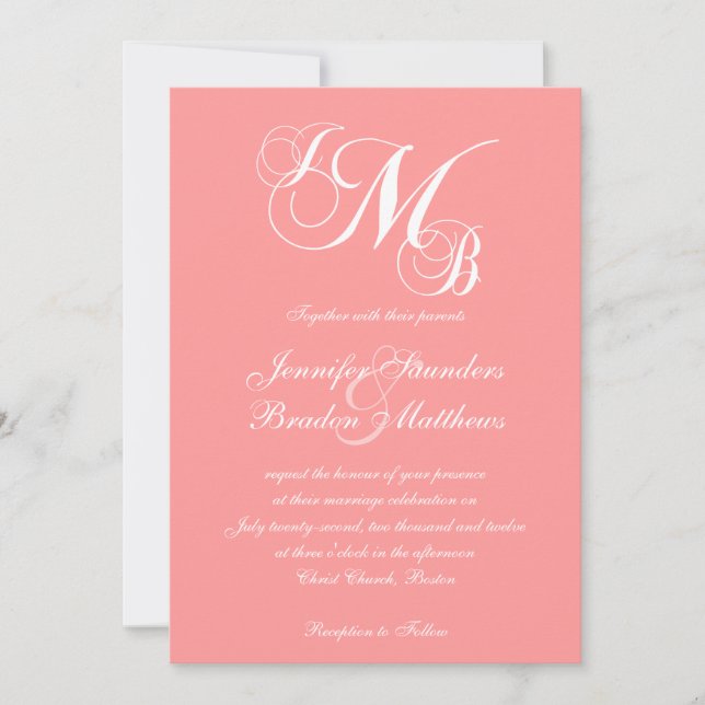 Coral Pink White Three Letter Wedding Invitations (Front)