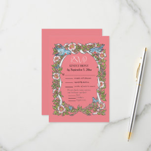 Coral Pink Wildflower Bird Border Floral Wedding RSVP Card