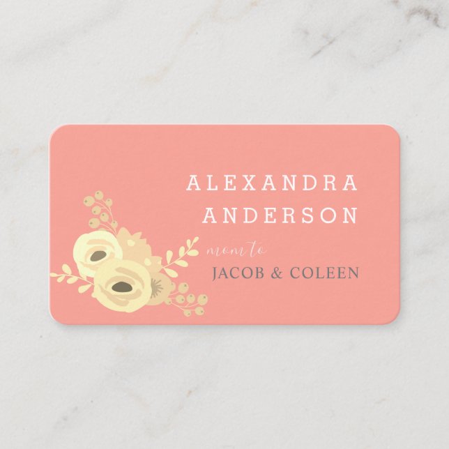 Coral Pink Yellow Rose Floral Mommy Business Card (Front)