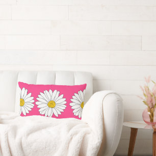 Coral Pink Yellow White Daisy Pattern Lumbar Pillow