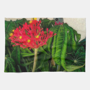 Coral Plant Leaves and Flowers Kitchen Towel
