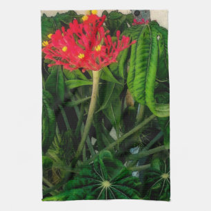 Coral Plant Leaves and Flowers V Kitchen Towel