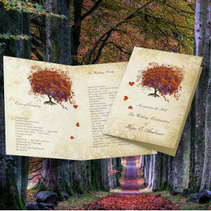 Coral Plum Heart Leaf Tree Gold Wedding Program