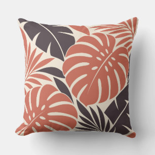 Coral Plum Tropical Leaf Silhouette Throw Pillow