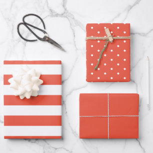 Coral Polka Dot Wide Striped and Solid Wrapping Paper Sheet