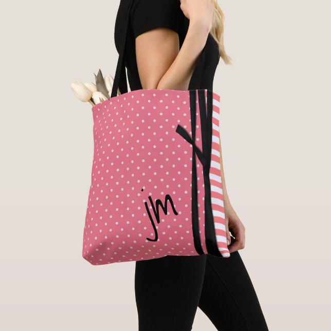 Coral Polka Dots and Stripes Monogrammed Tote Bag (Close Up)