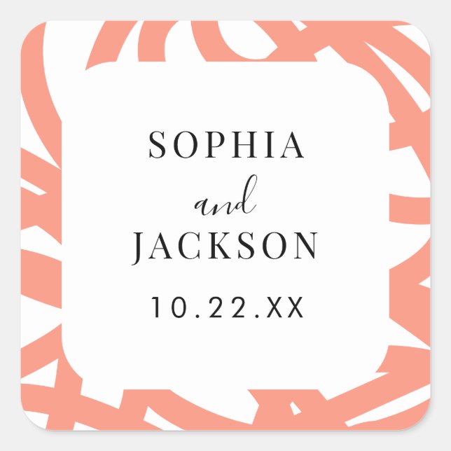 Coral Pop Modern Abstract Square Wedding Sticker (Front)