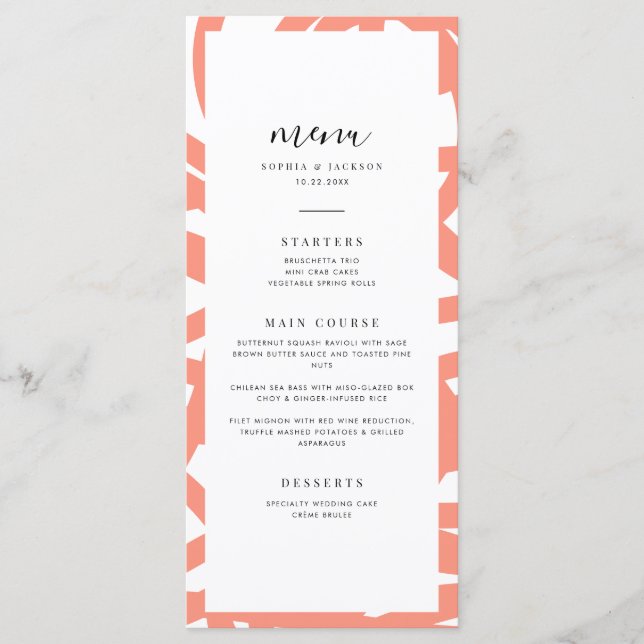 Coral Pop Modern Minimalist Abstract Wedding Menu (Front)