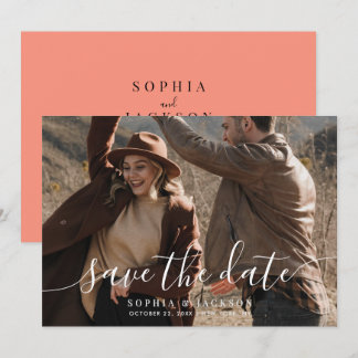 Coral Pop Modern Minimalist Full Photo Wedding Save The Date