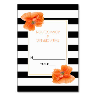 Coral poppies and stripes wedding escort card