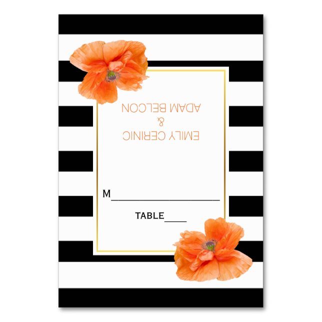 Coral poppies and stripes wedding escort card (Front)
