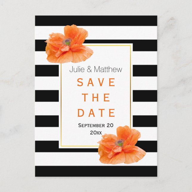 Coral poppies and stripes wedding Save the Date Announcement Postcard (Front)
