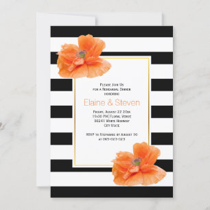 Coral poppies black white wedding rehearsal dinner invitation