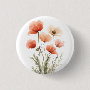 Coral Poppies Watercolor Floral Print 1 Inch Round Button