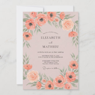 Coral Poppy Leafy Wedding Invitation