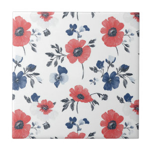 Coral Poppy Navy Blue Floral Botanical Tile
