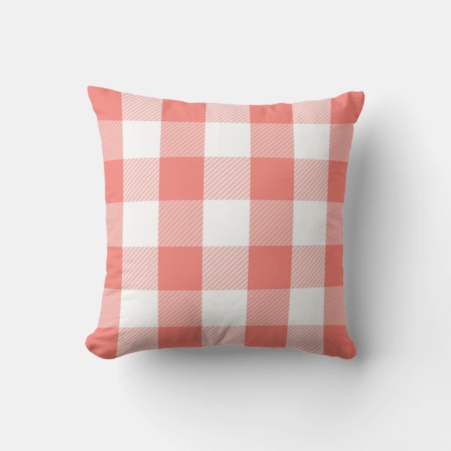 Coral | Preppy Buffalo Check Plaid Pattern Throw Pillow (Front)