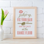Coral Pucker Up and Fix Your Hair Ladies Restroom Poster<br><div class="desc">"Pucker Up,  Fix Your Hair and Get Back on the Dance Floor" vintage style wedding poster sign to display in the women's bathroom.  Lipstick print and hairbrush accents.  Coral pink and antique gold color scheme on white background.</div>