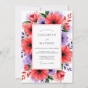 Coral Purple Floral Bloom Wedding Invitation