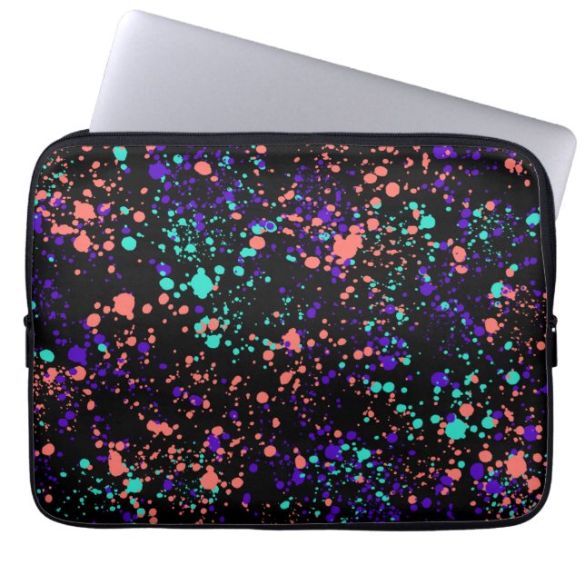coral  purple green on black | paint splashes | laptop sleeve (Front)