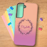 Coral Purple Ombre Wreath Encircled Monogram Name  Samsung Galaxy Case<br><div class="desc">This chic phone case features a shade of purple and coral ombre background with initial letter monogram enclosed in a matching colour wreath. Personalize the case in the text fields with a name and initial, remove both or one item or edit using the design tool to select a font style,...</div>