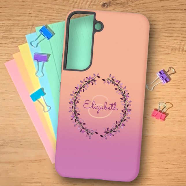 Coral Purple Ombre Wreath Encircled Monogram Name  Samsung Galaxy S22 Case (Personalize the name & monogram letter on this phone case for a sweet personalized gift or for you.)