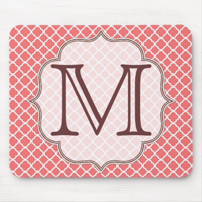 Coral Quaterfoil Latti Monogram Initial Mouse Pad (Front)