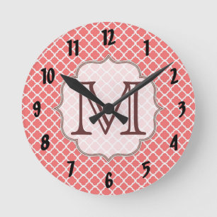Coral Quaterfoil Latti Monogram Initial Wall Clock