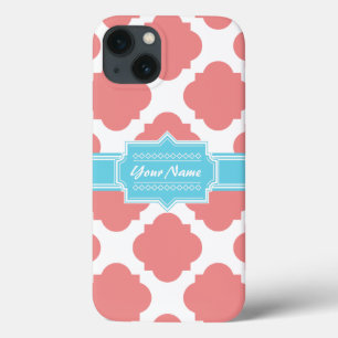 Coral Quatrefoil Aqua Personalized Name   N1 iPhone 13 Case