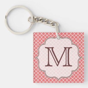 Coral Quatrefoil Latti Monogram Initial Key Chain