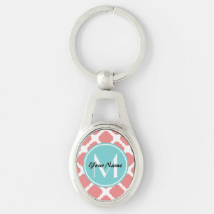 Coral Quatrefoil Mint Custom Monogram N1 Keychain