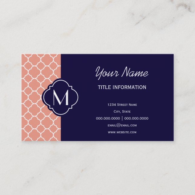 Coral Quatrefoil Pattern with Monogram Business Card (Front)