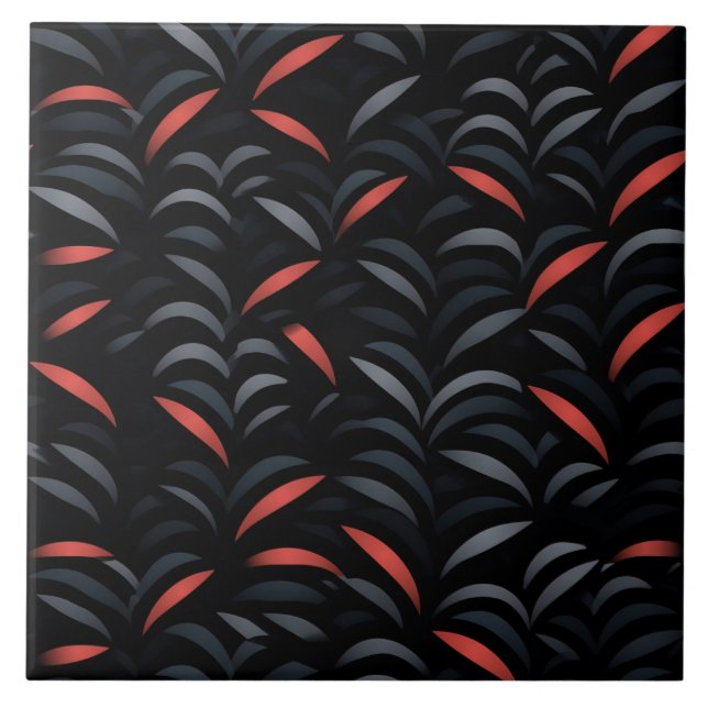 Coral Red and Charcoal Abstract Fronds Tile (Front)