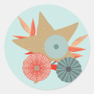 Coral Red and Mint Starfish and Urchins Classic Round Sticker