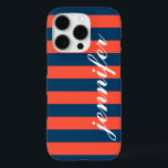 Coral Red and Navy Stripes Custom Script Monogram iPhone 16 Pro Case<br><div class="desc">Dress up and protect your iphone with a preppy,  modern and bold striped pattern design that is custom monogrammed with your first name in a lowercase script font.  Dark navy / indigo blue and coral orange red horizontal stripes contrasted with white text.</div>