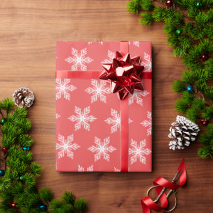 Coral Red and White Snowflakes Pattern Christmas Wrapping Paper
