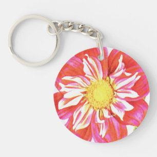 Coral red and white striped dahlia print keychain