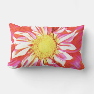 Coral red and white striped dahlia print lumbar pillow