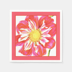 Coral red and white striped dahlia print napkin
