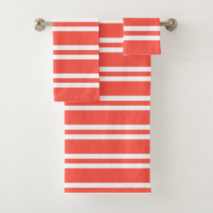Coral Red and White Stripes Bath Towel Set