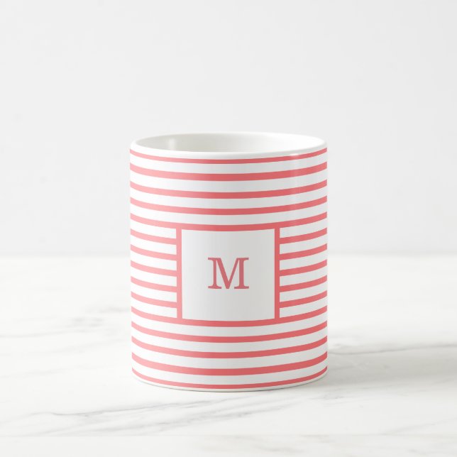 Coral Red and White Stripes Custom Monogram Coffee Mug (Center)